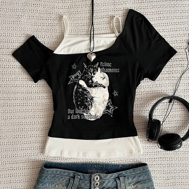 JazzHer Retro pattern Flower Print Sexy Slim Top Fake Two Design Sense Top Women Y2k Millenial Retro Halter T-Shirt Fake Two