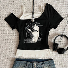 JazzHer Retro pattern Flower Print Sexy Slim Top Fake Two Design Sense Top Women Y2k Millenial Retro Halter T-Shirt Fake Two