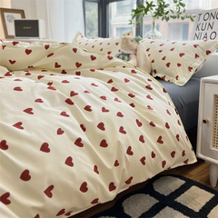 JazzHer Korean Red Heart Bedding Set No Filler Twin Queen Duvet Cover Flat Sheet Pillowcase Girls Adults Fashion Floral Home Textile