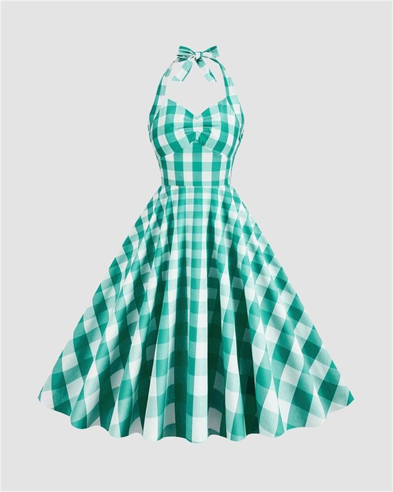 JazzHer Sweet Utopia Halter Flare Gingham Dress