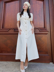 JazzHer Turtleneck Solid Women Dresses Single Breasted Split Lady Maxi Dress 2025 Fashion Elegant Short Sleeve A Line Autumn Female Rube