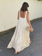 JazzHer Loose Ruffle Sling Long Dress Women Elegant Square Collar Backless Sleeveless Female Dresses 2024 Summer Lady Holiday Beach Robe