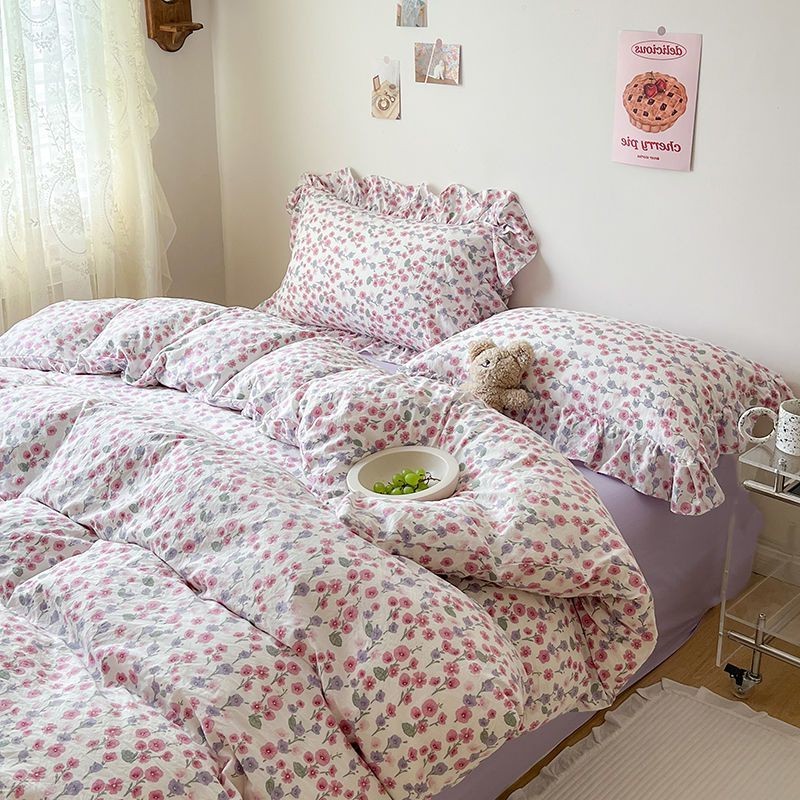 JazzHer Ins Korean Style Duvet Cover Set with Flat Sheet Pillowcase No filler Washed Cotton Queen Full Twin Cute Floral Bedding Set