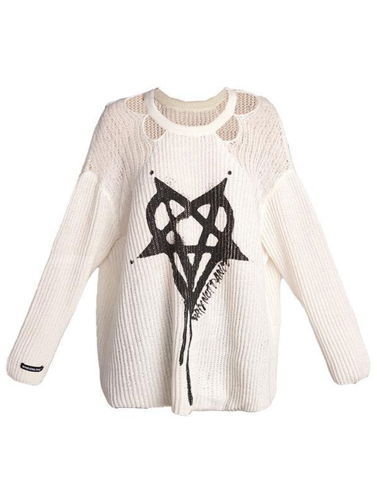 JazzHer Harajuku Streetwear Knitted Sweater Women Cyber Punk Y2k Pentagram Printed Long Sleeve Hollow Out Loose Casual Pullover