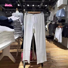 JazzHer New White Eyelets Homwear Women Toruser Cotton Elastic Waist Casual Straight Pant For Women With Hollow Versatile Female Clothes