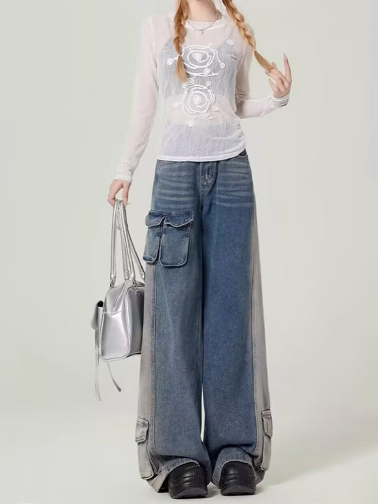 christmas outfit JazzHer Women Blue Baggy Cargo Jeans Harajuku Aesthetic Denim Trousers Y2k Vintage Japanese 2000s Style Loose Jean Pants Trashy Clothes