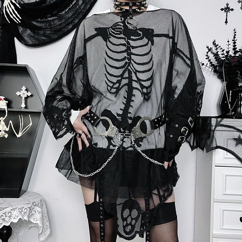 JazzHer Skulls Streetwear Punk Loose Mesh Tops Gothic Girl Emo T shirts Casual Hip Hop Dark Grunge Vintage Clothes 90S Aesthetic Y2k Tee
