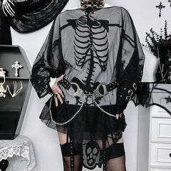 JazzHer Skulls Streetwear Punk Loose Mesh Tops Gothic Girl Emo T shirts Casual Hip Hop Dark Grunge Vintage Clothes 90S Aesthetic Y2k Tee