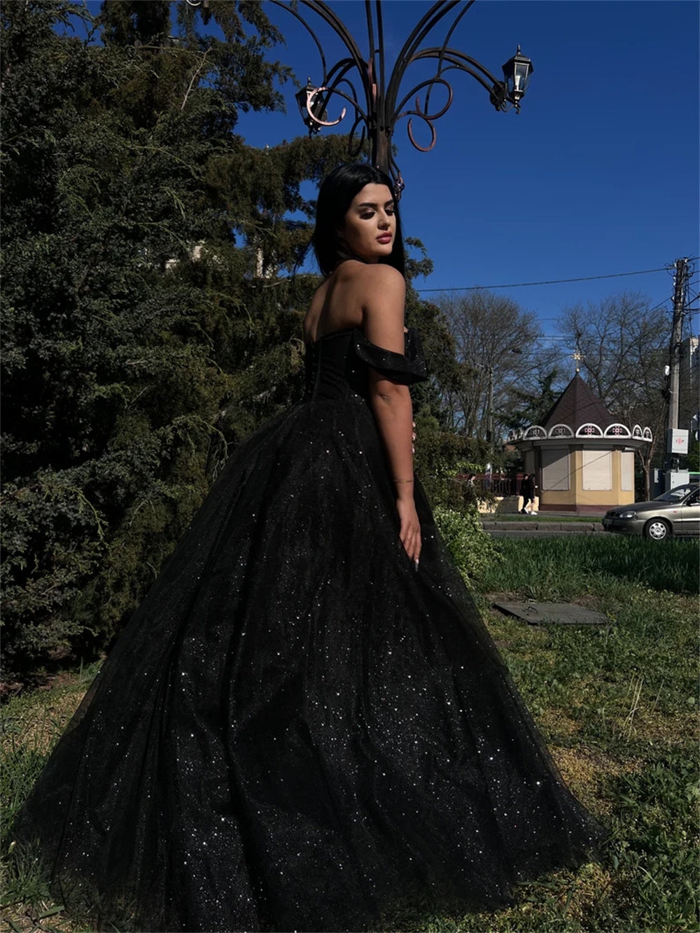 JazzHer Gothic Black Shiny A-line Vestido De Novia Gorgeous Off Shoulder Prom Dress Spark Short Sleeve Evening Dresses-(PRE-ORDER)