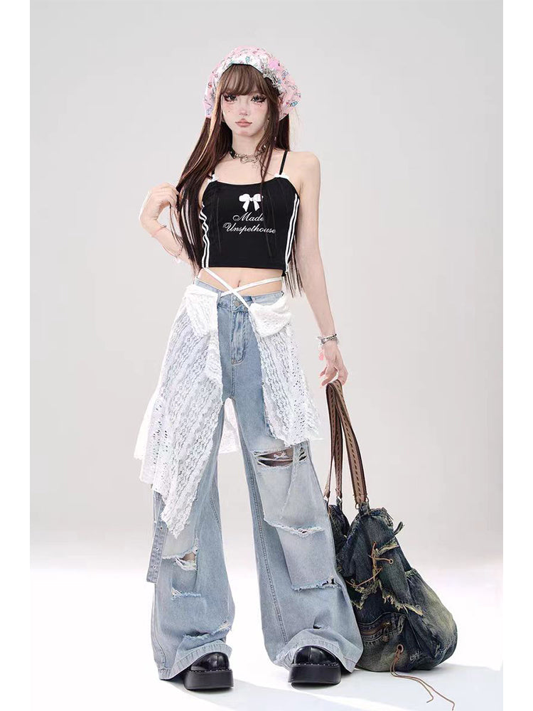 christmas outfit JazzHer Women Light Blue Y2k Baggy Ripped Jeans Harajuku Aesthetic Japanese 2000s Style Denim Trousers Vintage Jean Pants Trashy Clothes