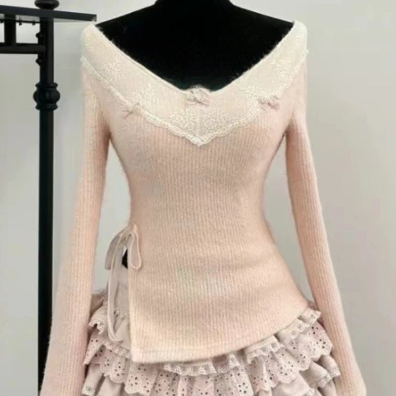 JazzHer Japaneses Kawaii Two Piece Set Women Sweet Lace Bow Tops + Y2k Mini Cake Skirt Autumn Winter Elegant Knitted Skirt Suits Chic
