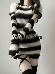 JazzHer 2025 Autumn Y2k Short Party Dress Women Slim Bodycon Knitted Mini Dress Elegant Stripe One Piece Dress Korean Fashion Design