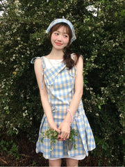 JazzHer 2000s Vintage Blue Plaid Fake Two Piece Dress Women Casual Retro Y2k Mini Dress Summer 2025 Japanese Fashion Sweet Cute Dress