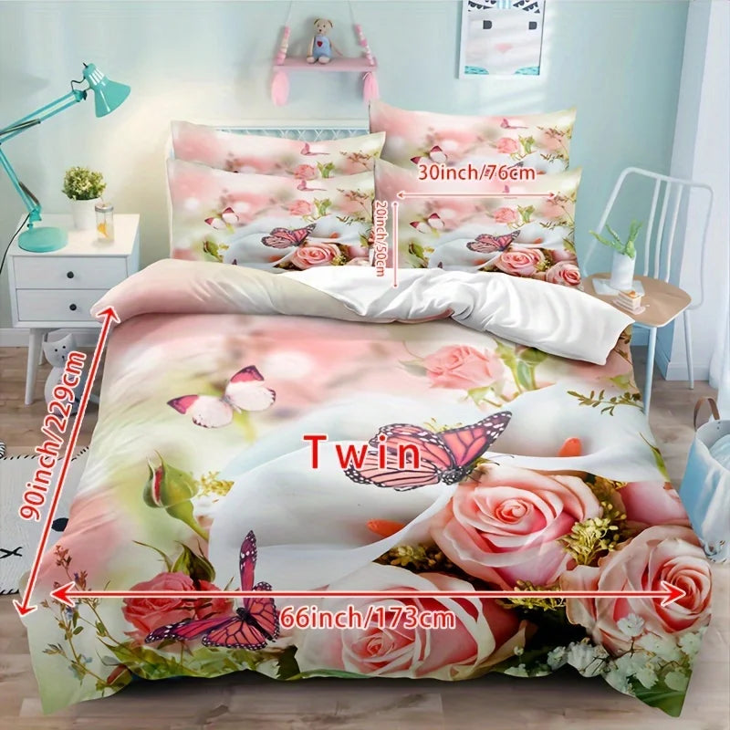 JazzHer 3pcs Duvet Cover Set, Rose Flower Butterfly Printed Bedding Set, Soft Comfortable Breathable Duvet Cover With Pillowcase