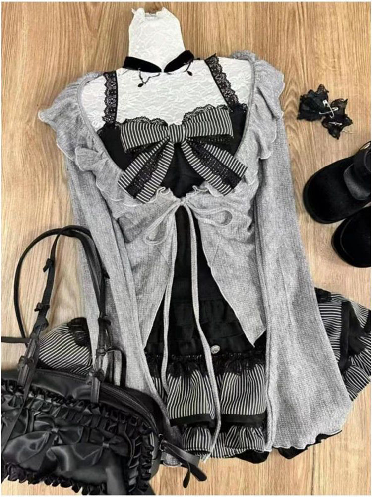 JazzHer Sweet Lolita Lace Up Ruffles Cardigan Sexy Slim Fit Strapless Tanks High Waist Folds Skirts Early Spring Women Three Piece Sets