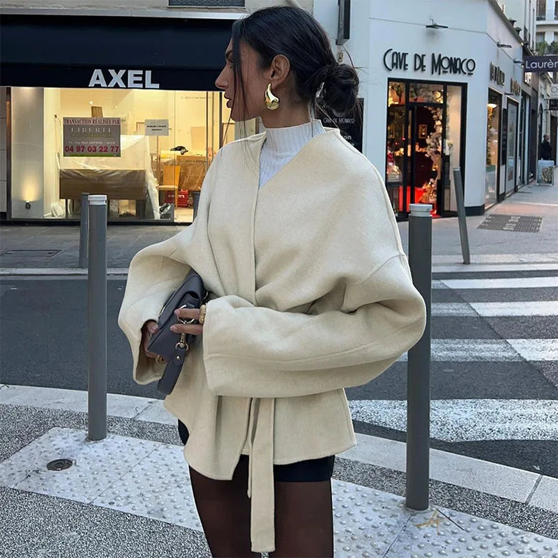 JazzHer Elegant Woolen Coat With Belt Women Loose Lace Up V Neck Long Sleeve Female Jackets 2024 Autumn Lady Fashion Commute Overcoat