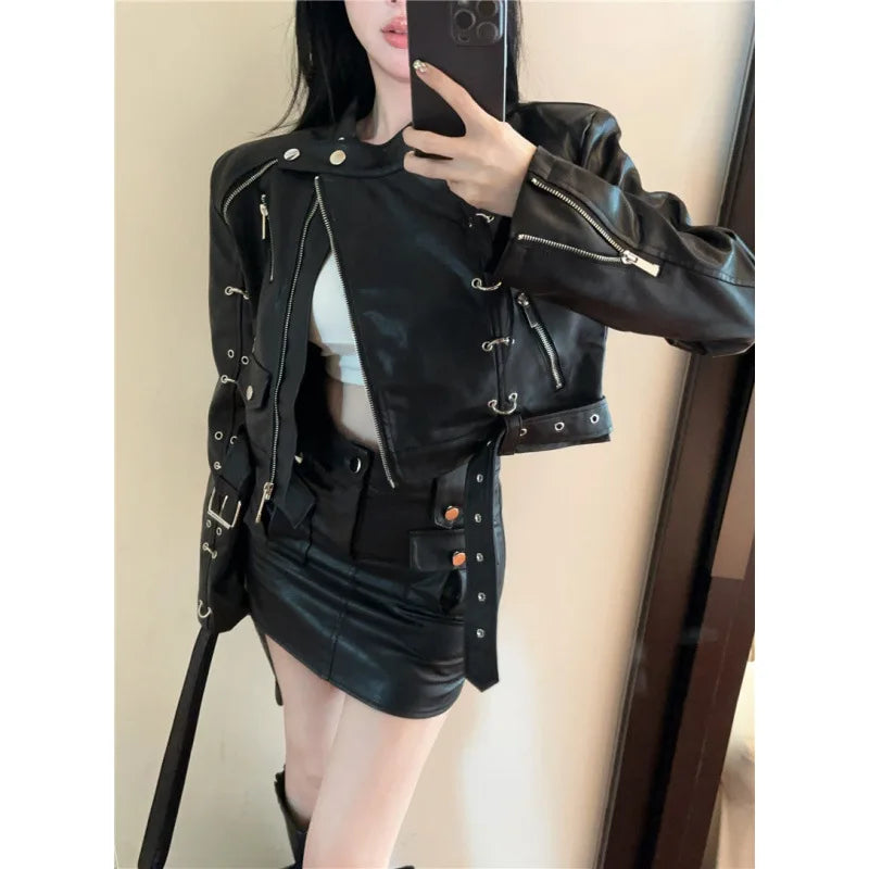 cold weather outfits JazzHer 2024 Autumn New Women's Clothing Harajuku Style Motorcycle Jacket Short Zipper Up Genuine Leather Jacket For Street Wear