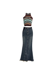 christmas outfit JazzHer Women High Waist Pleated Ruffled Blue Denim Skirts Women Slim Hip Mermaid Skirt Woman Chic Skirts Femme Autumn Winter 2025 New