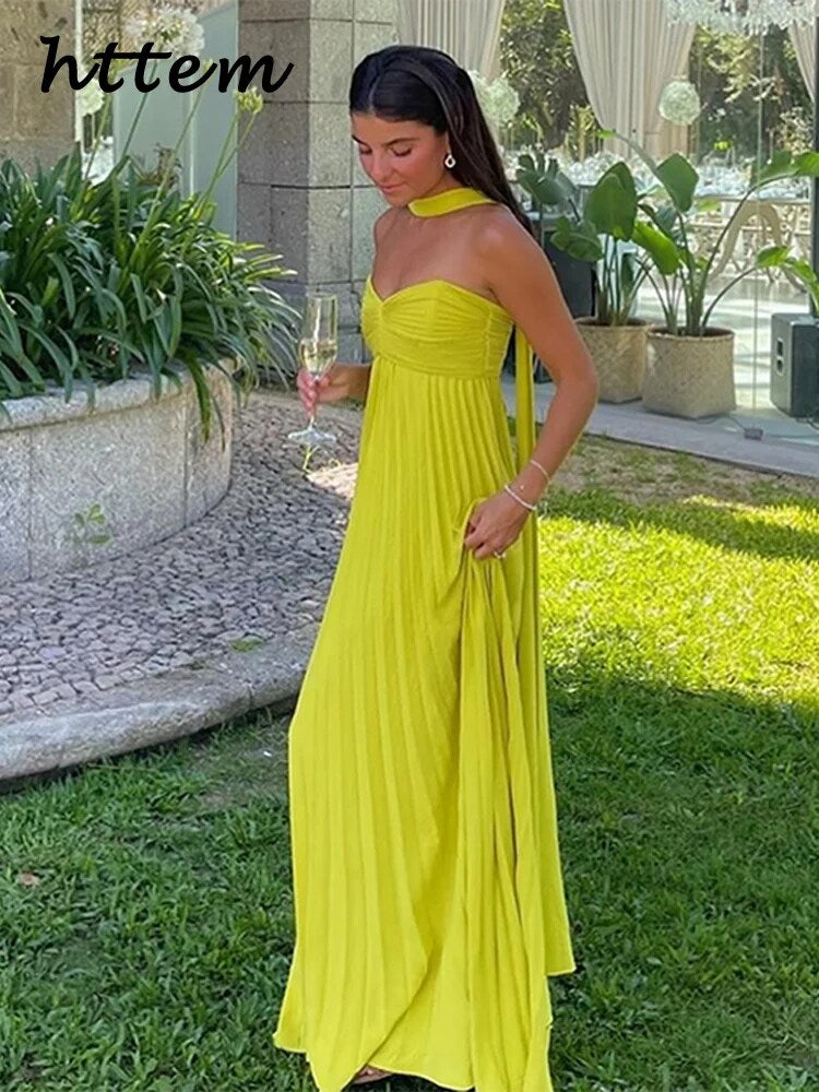 JazzHer Elegant Strapless Ribbon Long Dress Women Sexy Sleeveless Backless Pleated Party Dresses 2024 Summer Lady Sexy Evening Robes New