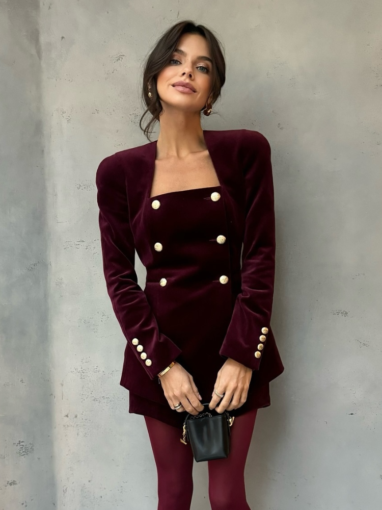 JazzHer 2025 New Burgundy Women's Elegant Velvet Mini Skirt Set Chic Square Neck Metal Buttons Slim Tops Suit Lady Fashion Formal Outfit