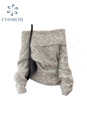 christmas outfit JazzHer Women's Grey Pullover Sweater Harajuku Vintage Korean Y2k Long Sleeves Slash Neck Cashmere Sweaters Jumper 2000s Clothes Autumn