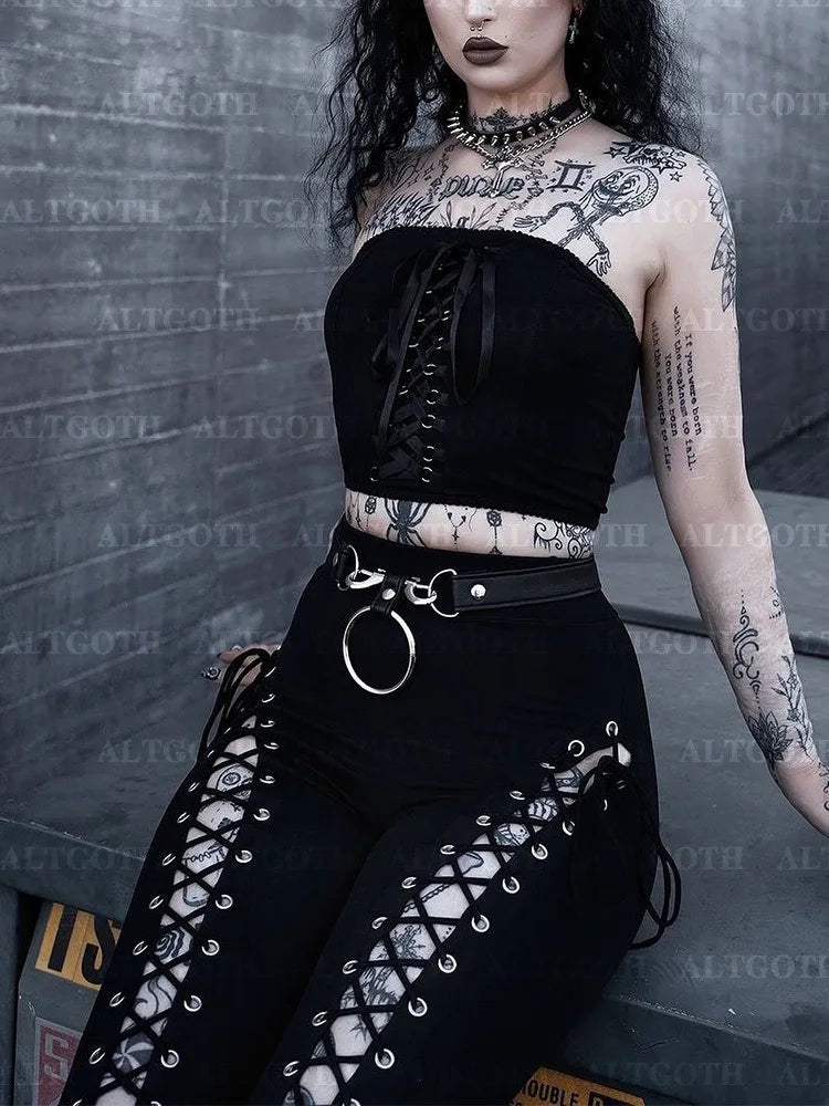 JazzHer Streetwear Gothic Pants Women Harajuku Cyber Punk Eyelet Lace-up Hollow Out High Waist Flare Pants Y2k Grunge Trousers
