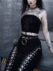 JazzHer Streetwear Gothic Pants Women Harajuku Cyber Punk Eyelet Lace-up Hollow Out High Waist Flare Pants Y2k Grunge Trousers