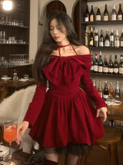 JazzHer 2025 Winter Vintage Red Velvet Short Party Dress Woman Bow Elegant Y2k Mini Dress Lolita Kawaii One Piece Dress Korean Fashion