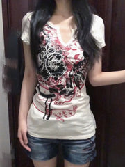 JazzHer Y2K Punk Graphic T Shirts Women Japanese Harajuku Vintage 2000S Aesthetic Grunge Tees Gothic Short Sleeve Streetwear Tops