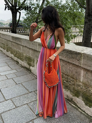 JazzHer Fashion Colorful Striped Halter Maxi Dress Women Sexy V-neck Backless Lace Up Female Party Dresses 2024 Summer Lady Beach Robes