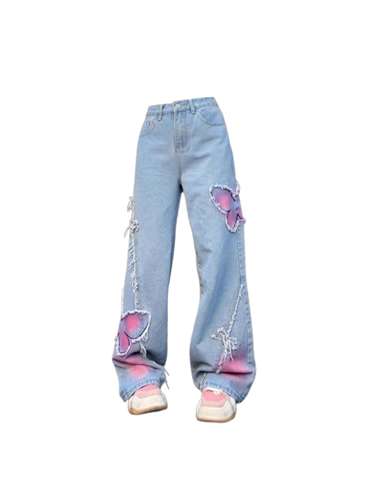 christmas outfit JazzHer Women's Blue Butterfly Jeans Baggy Vintage Y2k Denim Trousers 2000s Harajuku Wide Leg Cowboy Pants Trashy 90s Aesthetic Clothes