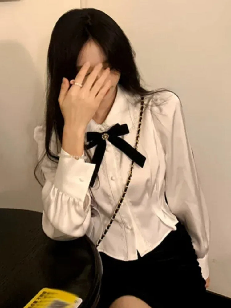 JazzHer Sexy Japan Girl Blouse Office Lady Work Women Button Solid Peter Pan Collar Ribbon Lace Short Crop Top White Shirt Femme