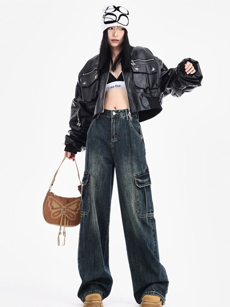 christmas outfit JazzHer Women's Blue Baggy Y2k Cargo Jeans Harajuku Denim Trousers Japanese 2000s Style Oversize Jean Pants Trashy Vintage Clothes 2025