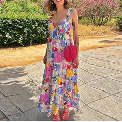 JazzHer Ladies Elegant Sweet Printed Ruffles Strap Summer Dress Women Sleeveless Backless Patchwork Holiday Beach Robe Maxi Dress Female