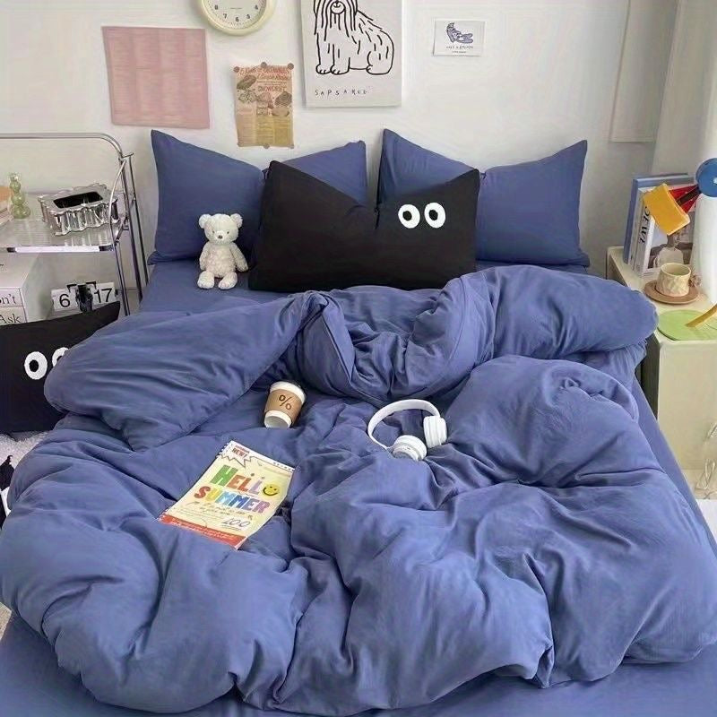 JazzHer Cute Duvet Cover Set with Sheet Pillowcase No Filler Warm Solid Color Bed Linen Full Queen Size Korean Big Eyes Home Bedding Set