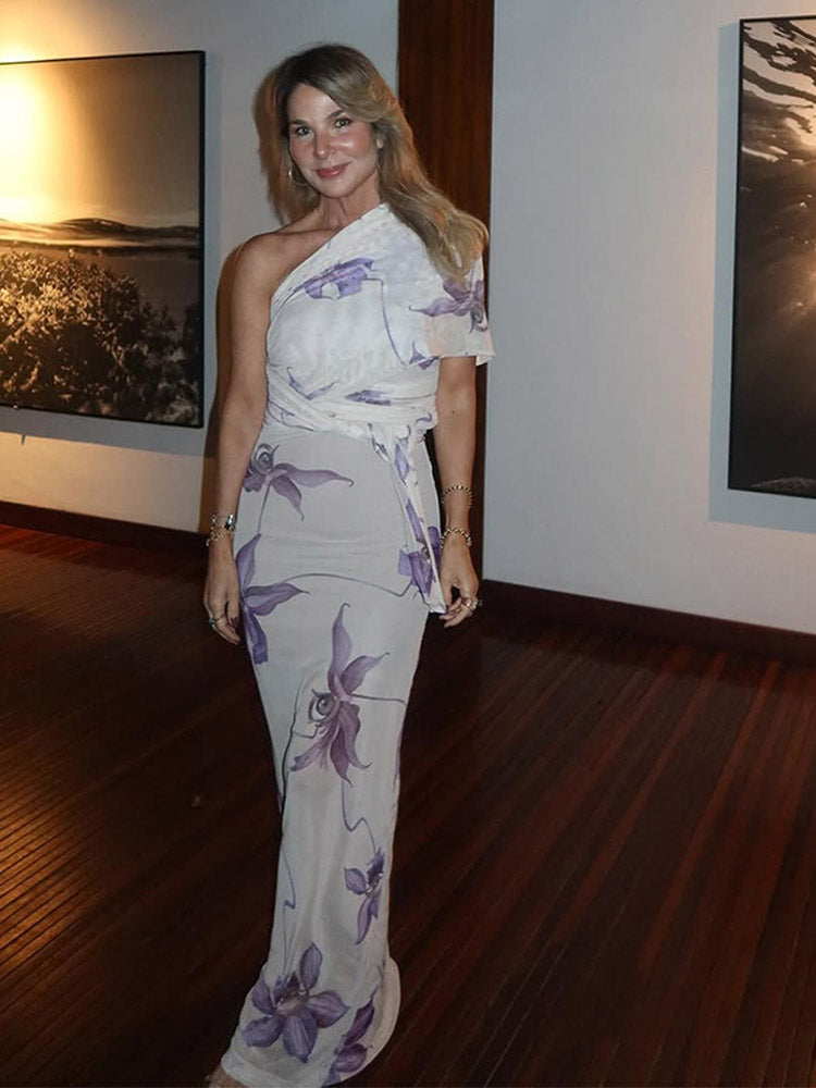 JazzHer Elegant Skew Collar Off-the-shoulder Printed Long Dress Chic Lace Up Slim Fit Vestidos New Female Summer Vacation Party Gown