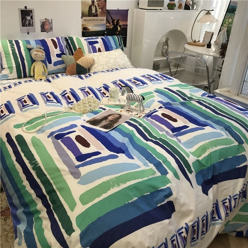 JazzHer Nordic Style Green Bedding Set Fashion Soft Check Pattern Duvet Cover Pillowcase Bed Sheet For Girl Double Queen King Bedclothes