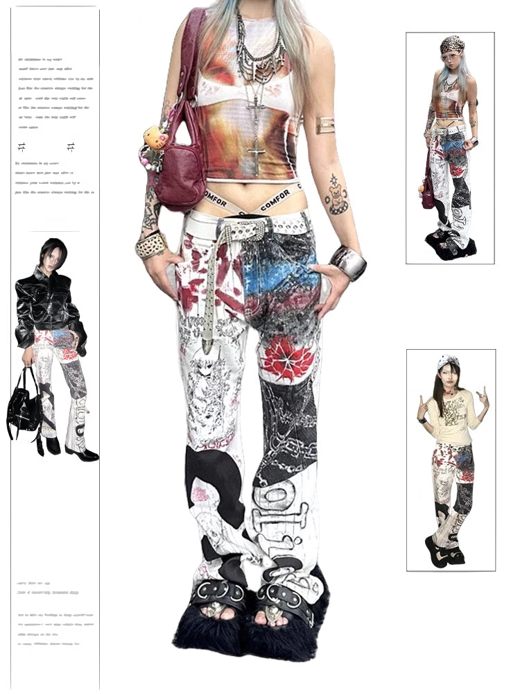 christmas outfit JazzHer Women's White Baggy Graffiti Print Jeans Harajuku Denim Trousers Japanese 2000s Style Y2k Vintage Jean Pants Emo Trashy Clothes