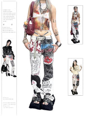 christmas outfit JazzHer Women's White Baggy Graffiti Print Jeans Harajuku Denim Trousers Japanese 2000s Style Y2k Vintage Jean Pants Emo Trashy Clothes