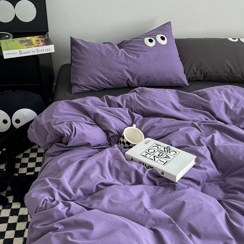 JazzHer Ins Style Nordic Bedding Set No Filling Duvet Cover Pillowcase with Cute Eye Embroidered Solid Color Single Queen Size Bed Linen