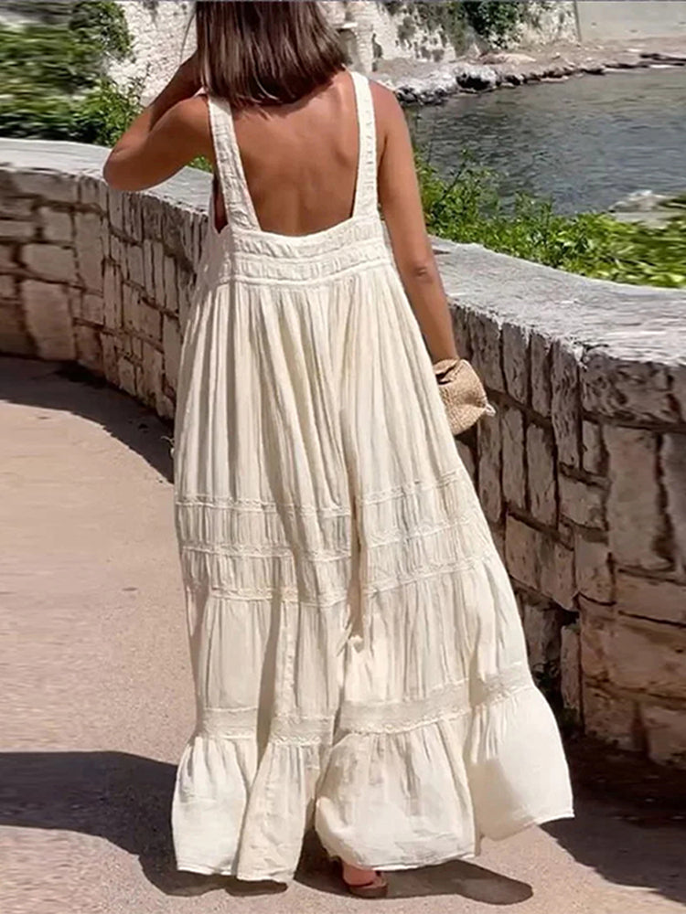 JazzHer Loose Ruffle Sling Long Dress Women Elegant Square Collar Backless Sleeveless Female Dresses 2024 Summer Lady Holiday Beach Robe