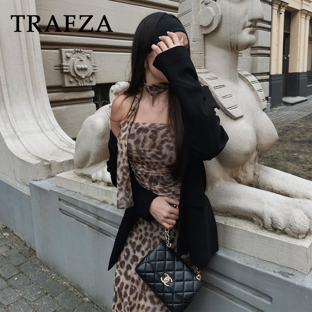 cold weather outfits JazzHer 2024 Spring Summer Streetwear LEOPARD Print Women Suits Fashion Strapless Sleeveless Tops+Chic Elegant Pencil Long Skirts