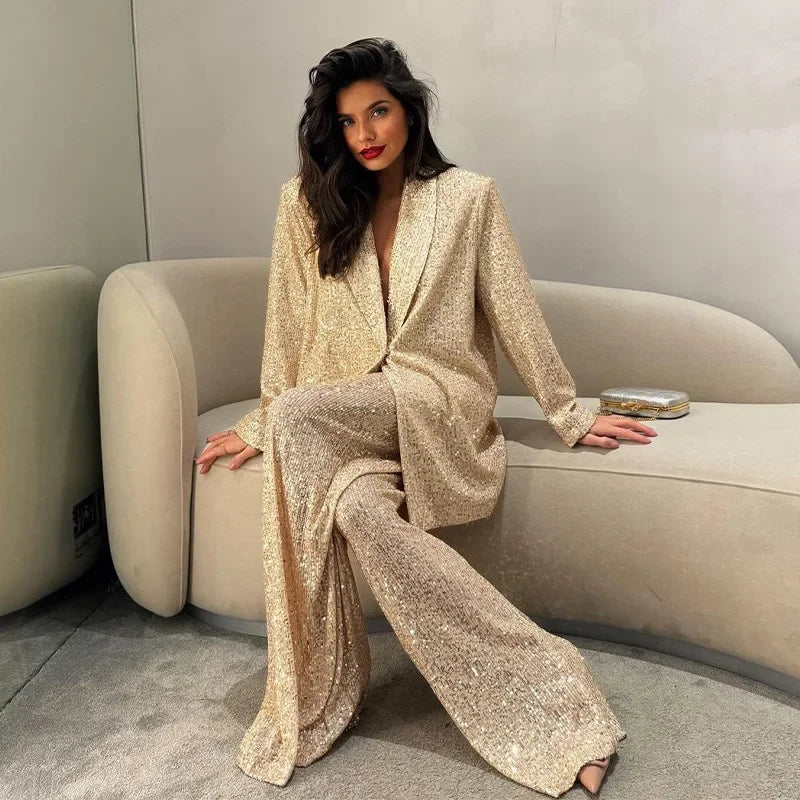 thanksgiving outfit JazzHer Elegant Sequin Jacket Pant Sets Women Loose Lapel One Button Long Sleeve Coats Wide Leg Pants 2024 Autumn Commuting Outfits Lady