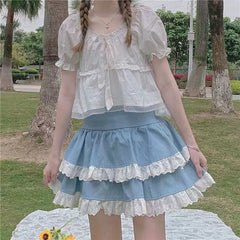 JazzHer Kawaii Lace Skirt Cute Hot Girl Clothing Summer Cake skirt Casual Loose Korea Blue 2000s Sweet Women Skirts Low-waist Y2k Skirts
