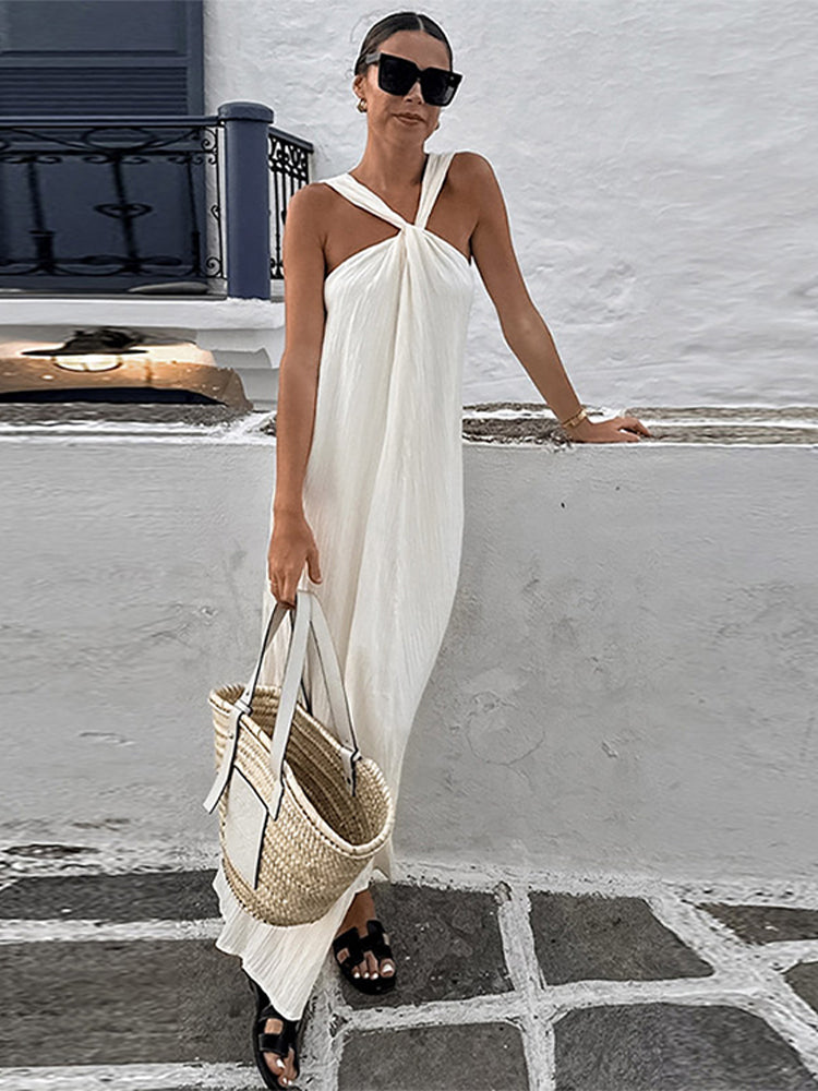 JazzHer Elegant Off Shoulder Hang Neck Dress For Women Loose Sleeveless Backless Female Midi Dresses 2024 Summer Loose Lady Beach Robes