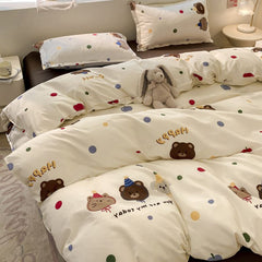 JazzHer Kawaii Bear Bedding Set No Filler Ins Single Queen Size Duvet Cover Flat Sheet Pillowcase Kids Adult Boys Home Hotel Bed Linens