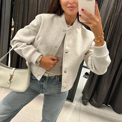 JazzHer Ladies Cropped Bomber Autumn Winter Jacket Women Coat Long Sleeve Baseball Jacket Women Button Aviator Jackets Streetwear Female