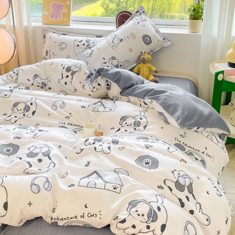 JazzHer Cute Dog Bedding Set New Design Girls Ins Duvet Cover with Zipper No Filler Flat Sheet Pillowcase Queen Size Bed Linens
