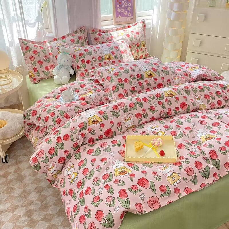 JazzHer Korean Pink Rose Duvet Cover Set Soft Green Flat Sheet Quilt Cover Pillowcase Bed Linen Twin Queen Full Size Floral Bedding Set