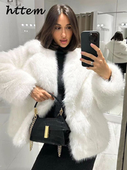 JazzHer Street Women's White Faux Fur Coat Loose Lapel Long Sleeve Female Furry Jacket 2024 Autumn Winter Lady Luxury Plush Overcoat New